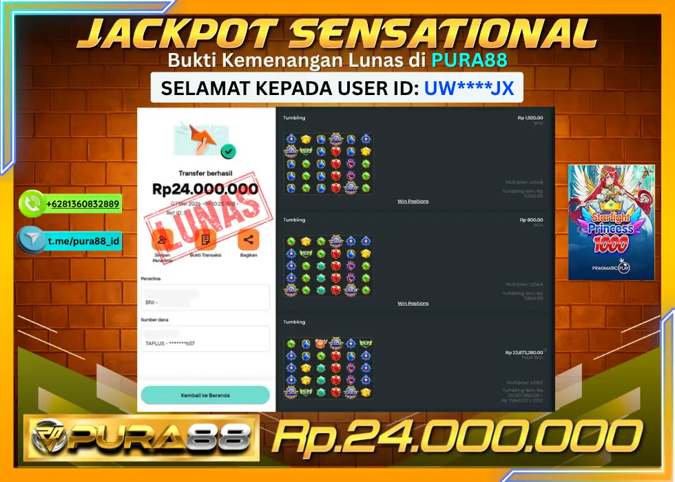 PURA88 JACKPOT STARLIGHT PRINCESS 1000 Rp 24.000.000,- LUNAS